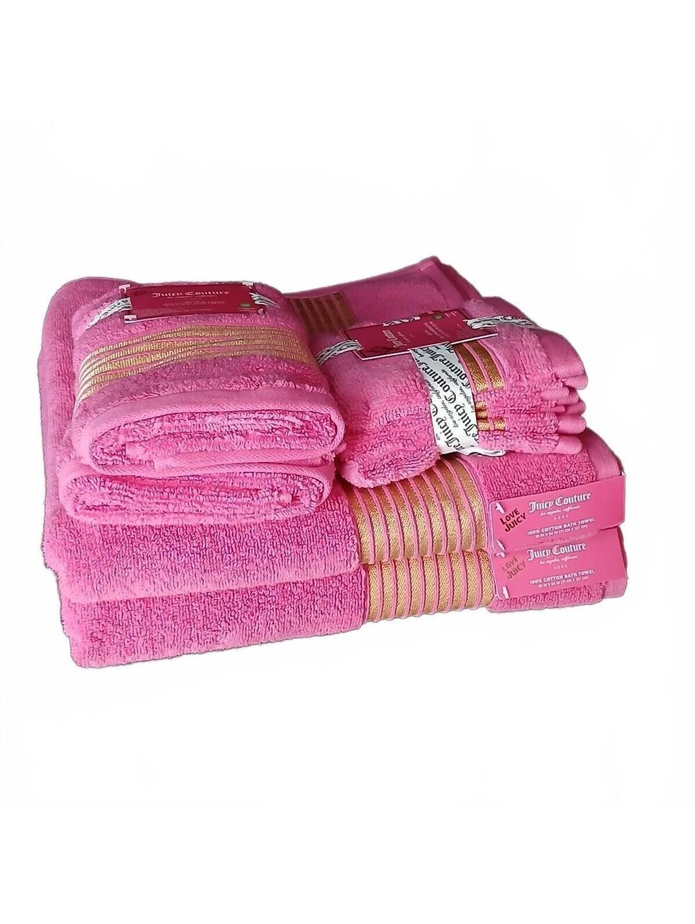 Juicy Couture 8 Pc Pink Cotton Towel Set Gold Stripe Bath Hand Washcloth NWT